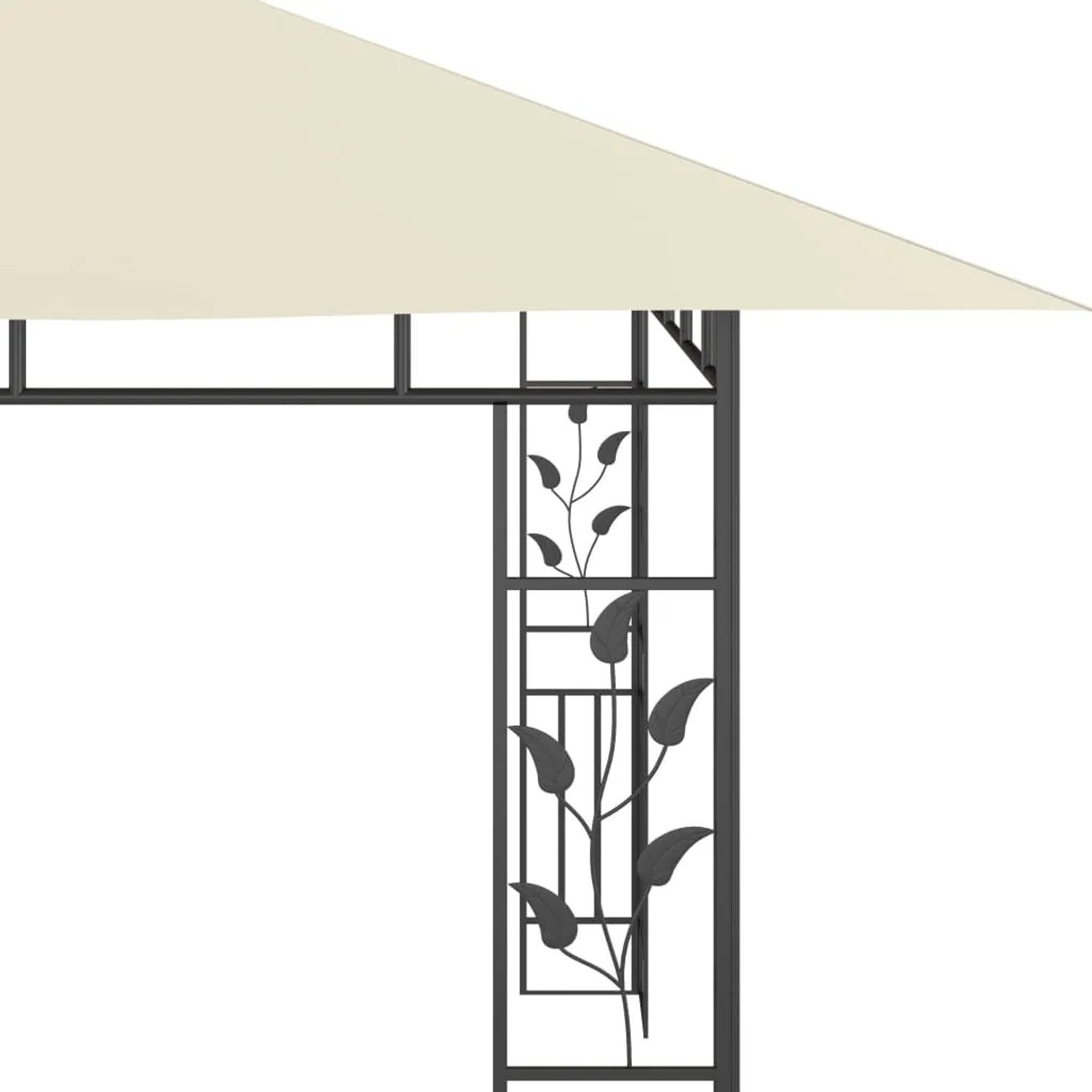 Detailansicht: Creme-weißer Pavillon mit Moskitonetz und LED-Lichterkette, verziertem Rahmen.