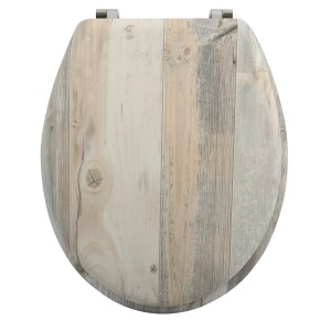 MSV WC-Sitz Ombo in Beige mit Holzoptik und Edelstahl-Scharnieren.
