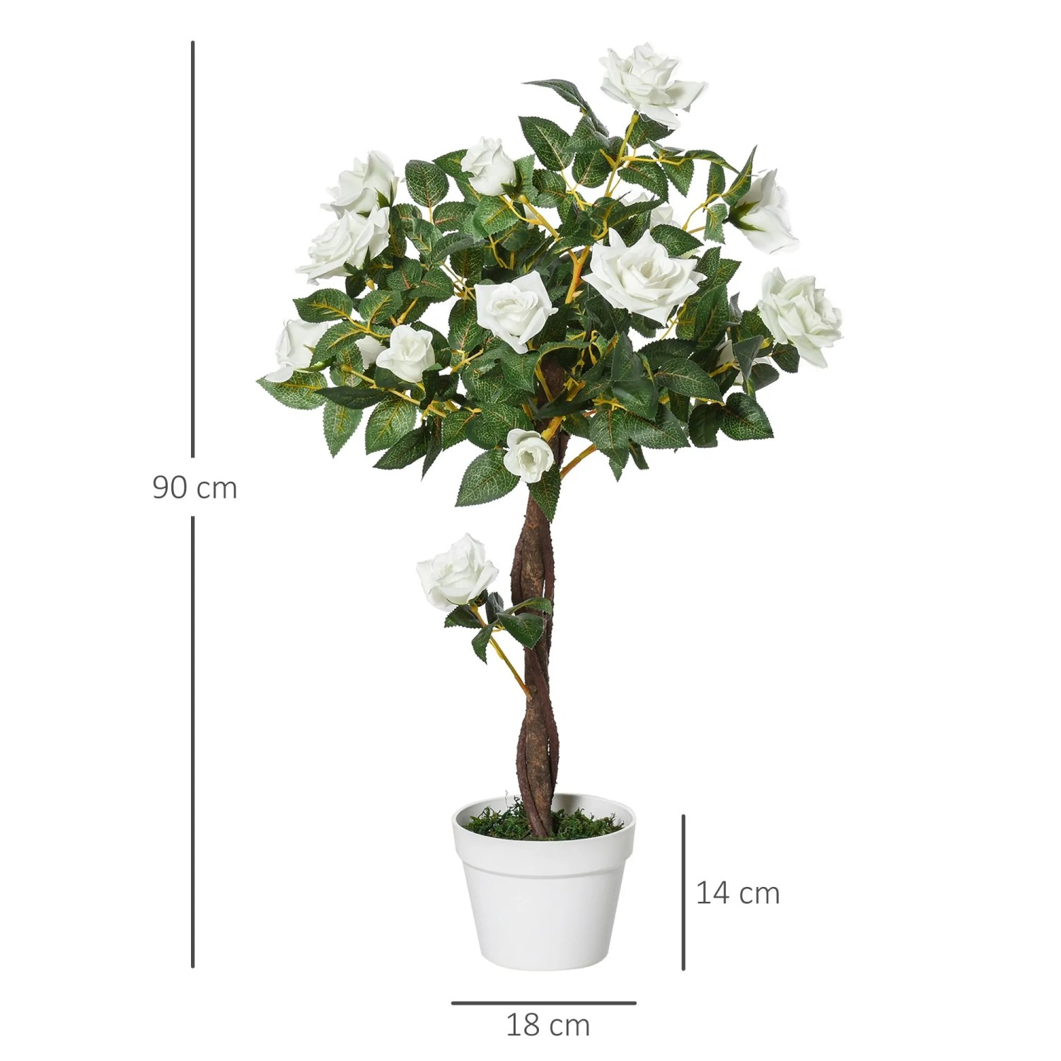 Outsunny Kunstpflanze Hausbaum, 90 cm, weiße Rosen, grüne Blätter im weißen Topf. Pflegeleicht.