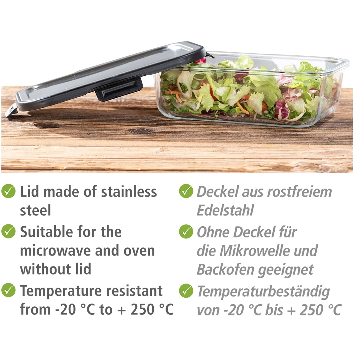 Wenko Glas Frischhaltedose Steel Black Outdoor Kitchen 1,5 l mit Salat.