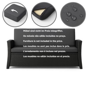 Anthrazitfarbenes Gartenkissen-Set für 2-Sitzer Polyrattan-Gartensofa, bestehend aus Sitz- und Rückenkissen.
