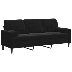 Schwarzes 3-Sitzer Sofa (vidaXL) aus Samt mit Zierkissen, modernes Design für Wohnzimmer.