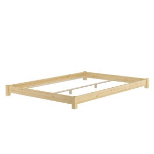 Flaches Kiefer Futon-Doppelbett 140x200 cm mit Rollrost. Heller Massivholz Bettrahmen.