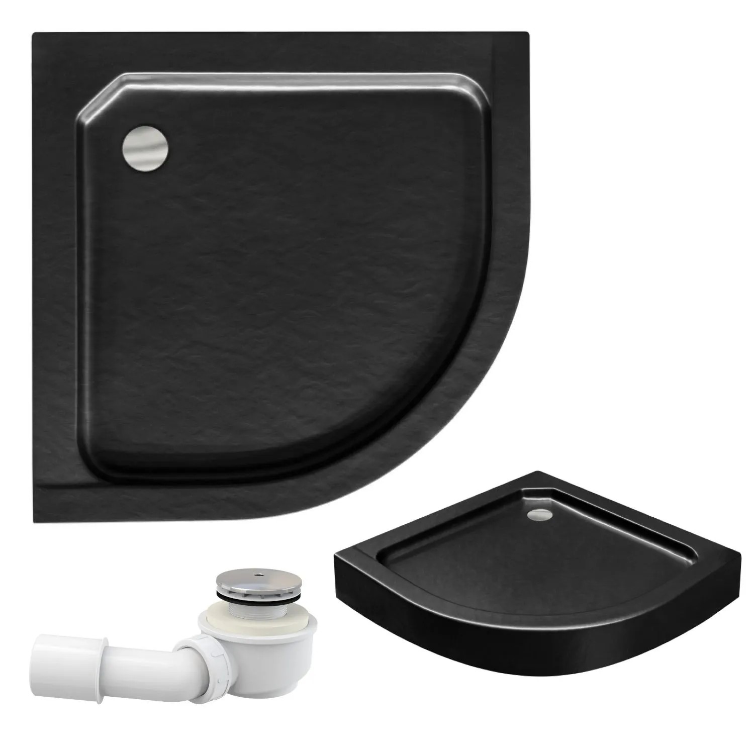 KOLMAN DUSCHWANNE Viertelkreis Schwarz Steinoptik 80x80 cm Set mit Ablaufgarnitur und Füßen