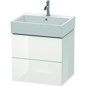 Duravit Waschbeckenunterschrank L-Cube, weiß hochglanz, mit zwei Schubladen und Aufsatzwaschbecken.