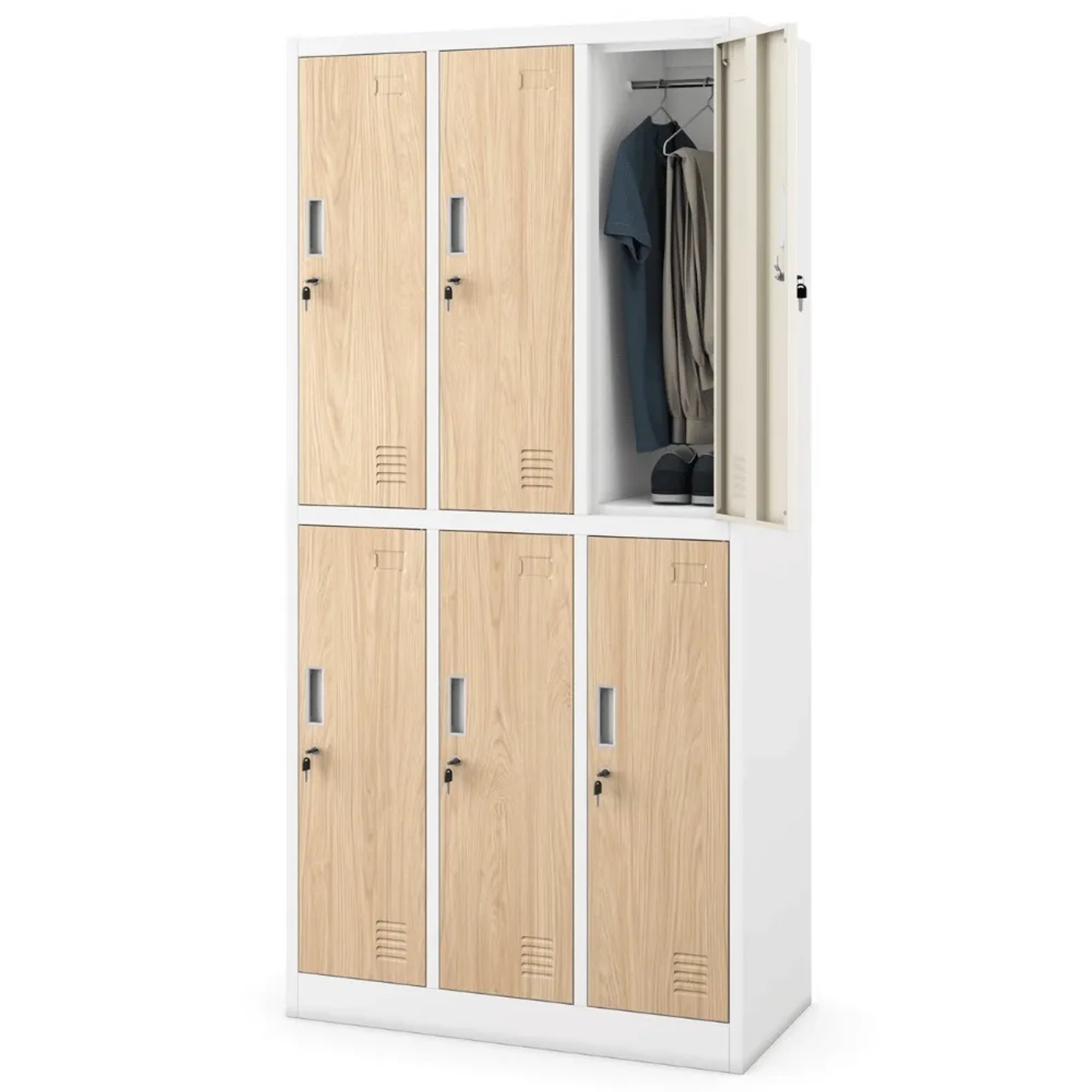 DELUKE Umkleideschrank Spind TOKIO 6 Abteile 185 x 90 x 45 cm Weiß-Sonoma Eiche