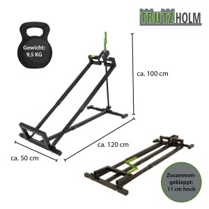 TRUTZHOLM Rasentraktorheber, Stahl, 400 kg, mit Handkurbel und Adapter, Maße aufgebaut und zusammengeklappt.