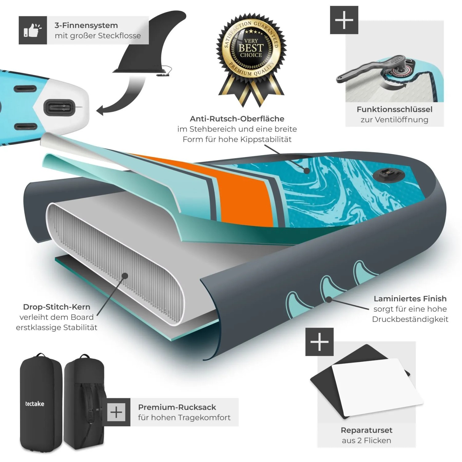 Tectake SUP Board: Aufbau mit Drop-Stitch-Kern, Anti-Rutsch-Oberfläche, 3-Finnen-System. Inkl. Rucksack, Reparaturset.