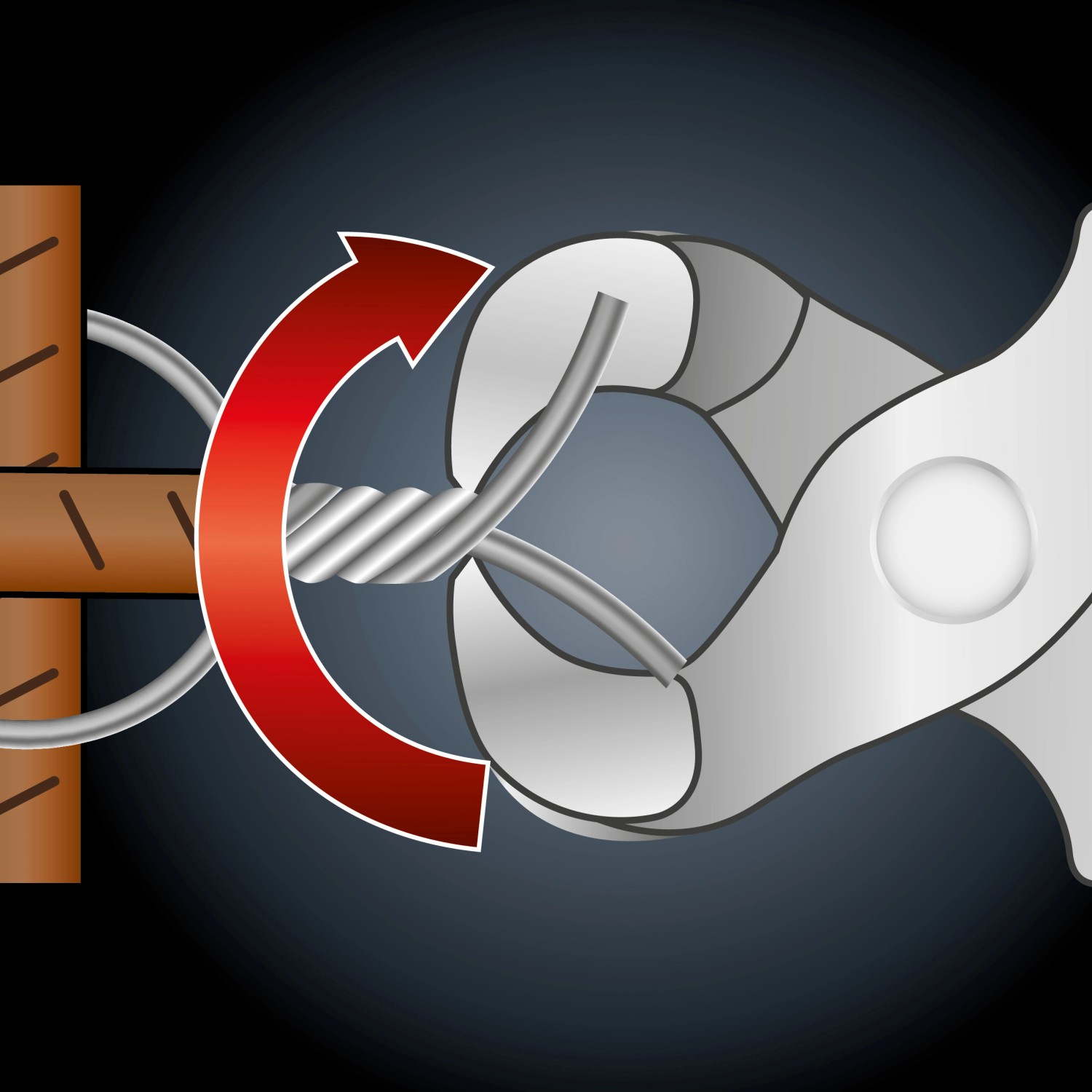 LUX Power-Kneifer 230 mm Professional beim Draht schneiden, mit rotem Pfeil für die Drehbewegung.