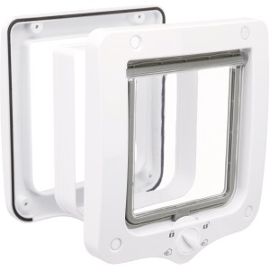 Weiße Trixie Katzenklappe mit Tunnel, 4-Wege-System und transparenter Klappe.