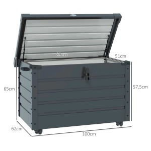 Geöffnete, dunkelgraue Outsunny Gartenbox mit Rollen und den Maßen 100x62x65 cm.