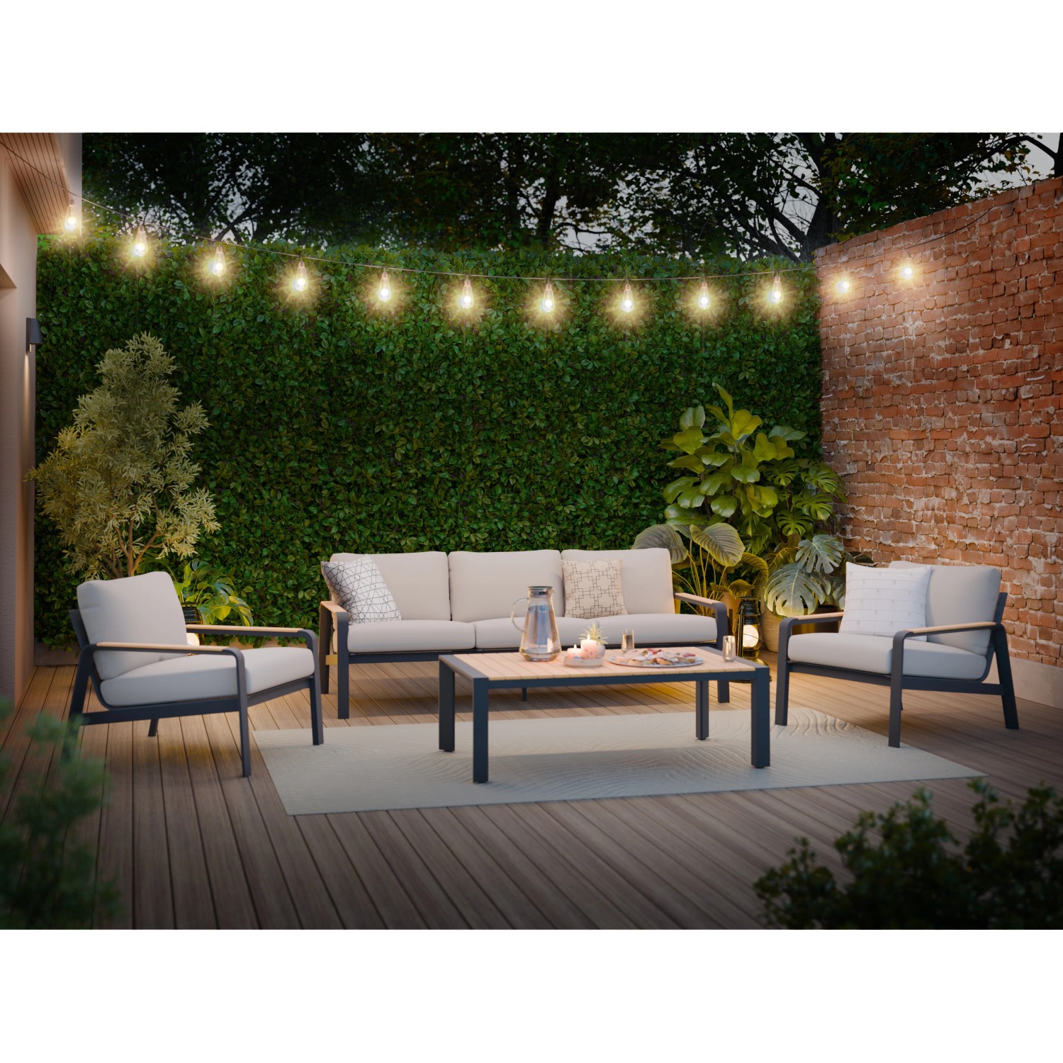 4-teiliges Lounge-Set Branford in Anthrazit-Beige mit Alu-Stahl-Gestell und Holzelementen.