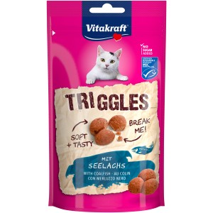Vitakraft Triggles mit Seelachs, 40g Katzenleckerli im pinken Beutel mit Katze.