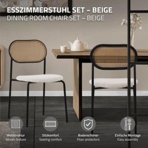 Modernes 4er Esszimmerstuhl Set in Beige mit Rattan-Rückenlehne und schwarzem Stahlgestell, gepolstert.