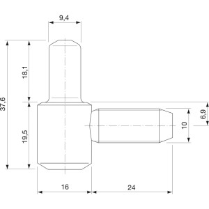 Technische Zeichnung: Sfs Einbohrband-Unterteil, vernickelter Stahl, Zylinderkopf, ø 16 mm, Gewindebolzen M10/1x24 mm. Zubehör für Türen.