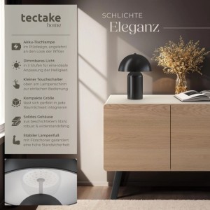 Tectake Akku Tischlampe Kade in Schwarz, Retro Pilzdesign 70er Jahre. Indirektes Licht, 3 Helligkeitsstufen, Stahl.