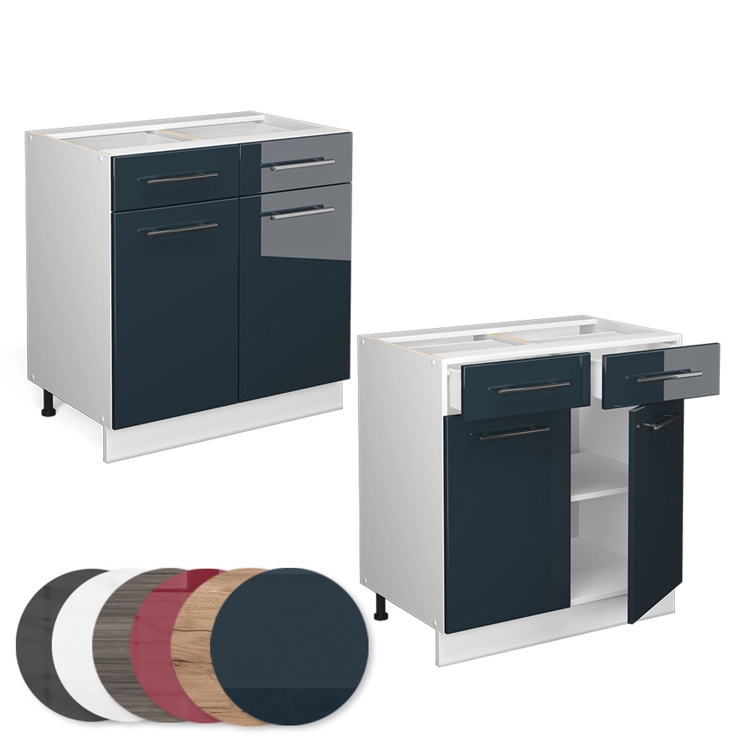 Vicco Küchenunterschrank Fame-Line, dunkelblau hochglanz/weiß mit anthrazitfarbener Arbeitsplatte, 80 cm breit.