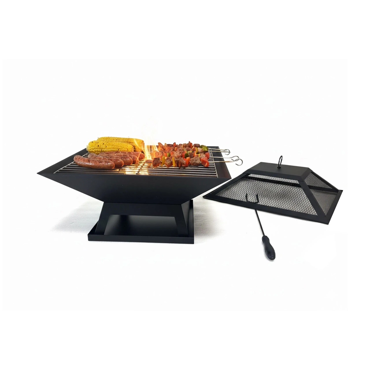 Relaxdays Feuerschale Stahl Schwarz mit Funkenschutz und Grillrost 36 cm x 45 cm x 45 cm 4,4 kg