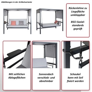 Graue Alu-Hollywoodschaukel mit verstellbarer Rückenlehne zur Liegefläche, Sonnendach und seitlichen Ablagen.