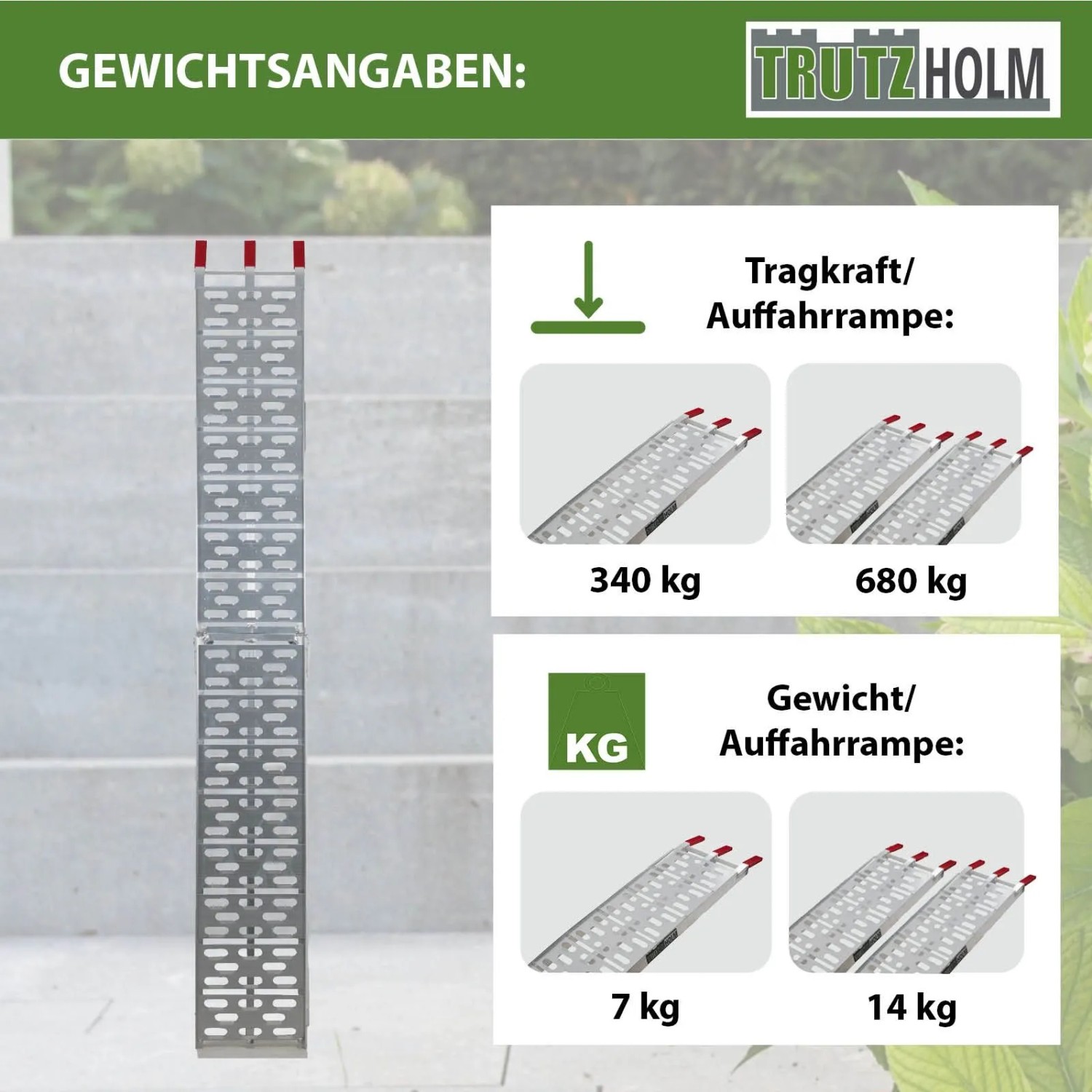TRUTZHOLM klappbare Auffahrrampe, 228cm, 340kg Tragkraft, Alu, Zubehör für Autoanhänger.