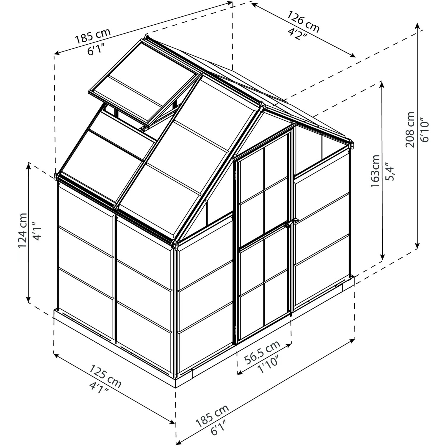 Skizze: Palram Canopia Gewächshaus Silber 2,3 m² mit Maßangaben und Fundamentrahmen.