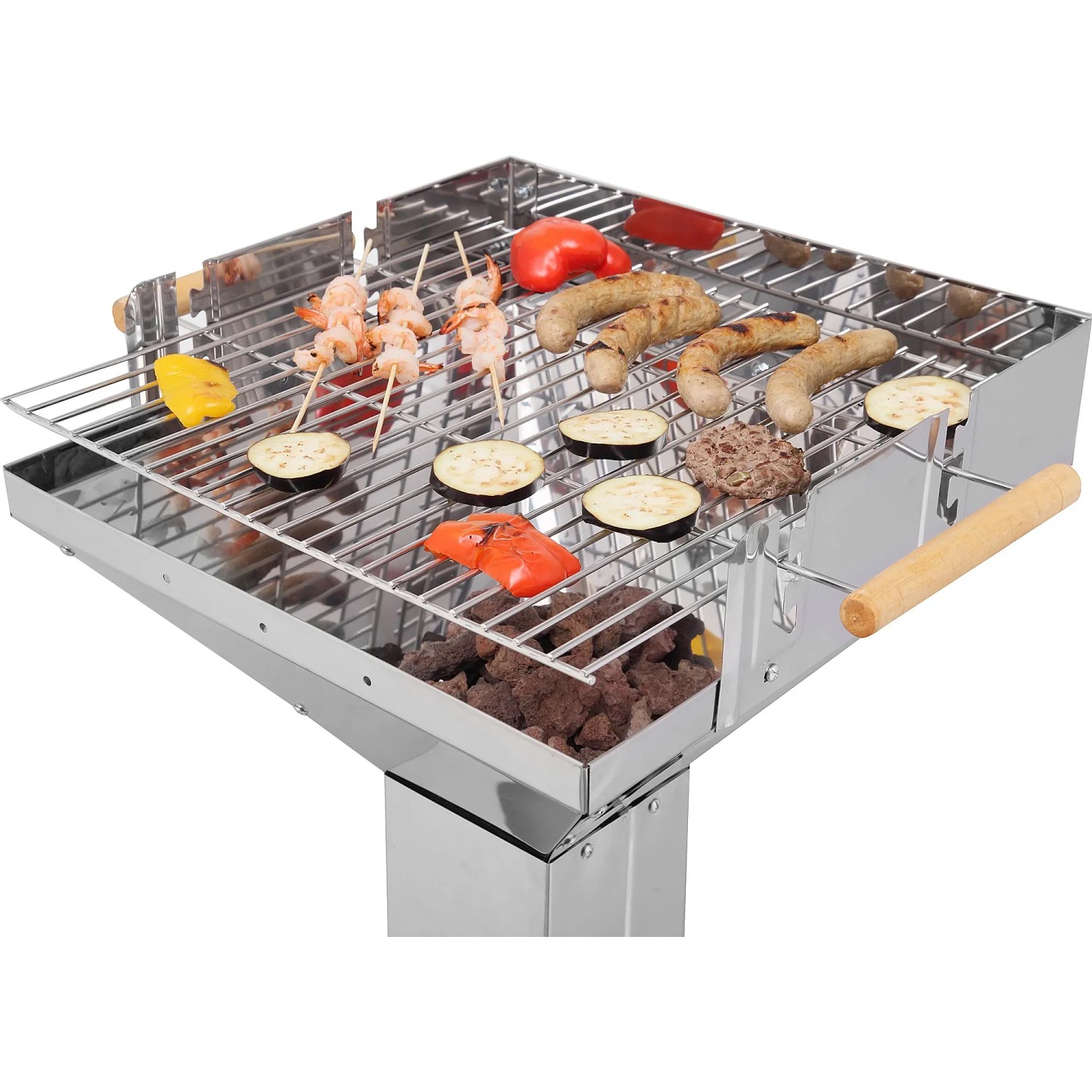 Tepro Holzkohle Säulengrill Vista Edelstahl mit Grillgut wie Würstchen und Gemüse.