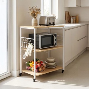 Relaxdays Küchenrollwagen MDF Stahl Natur mit Rollen 3 Ebenen 89 cm x 80 cm x 40 cm