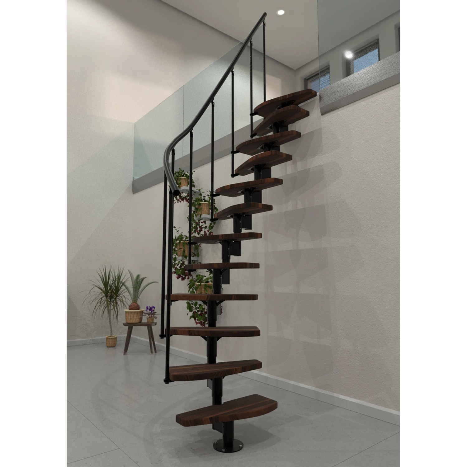 Minka Raumspartreppe Monte Carlo in Walnuss/Schwarz, elegante Innentreppe mit Holzstufen und Metallgeländer.
