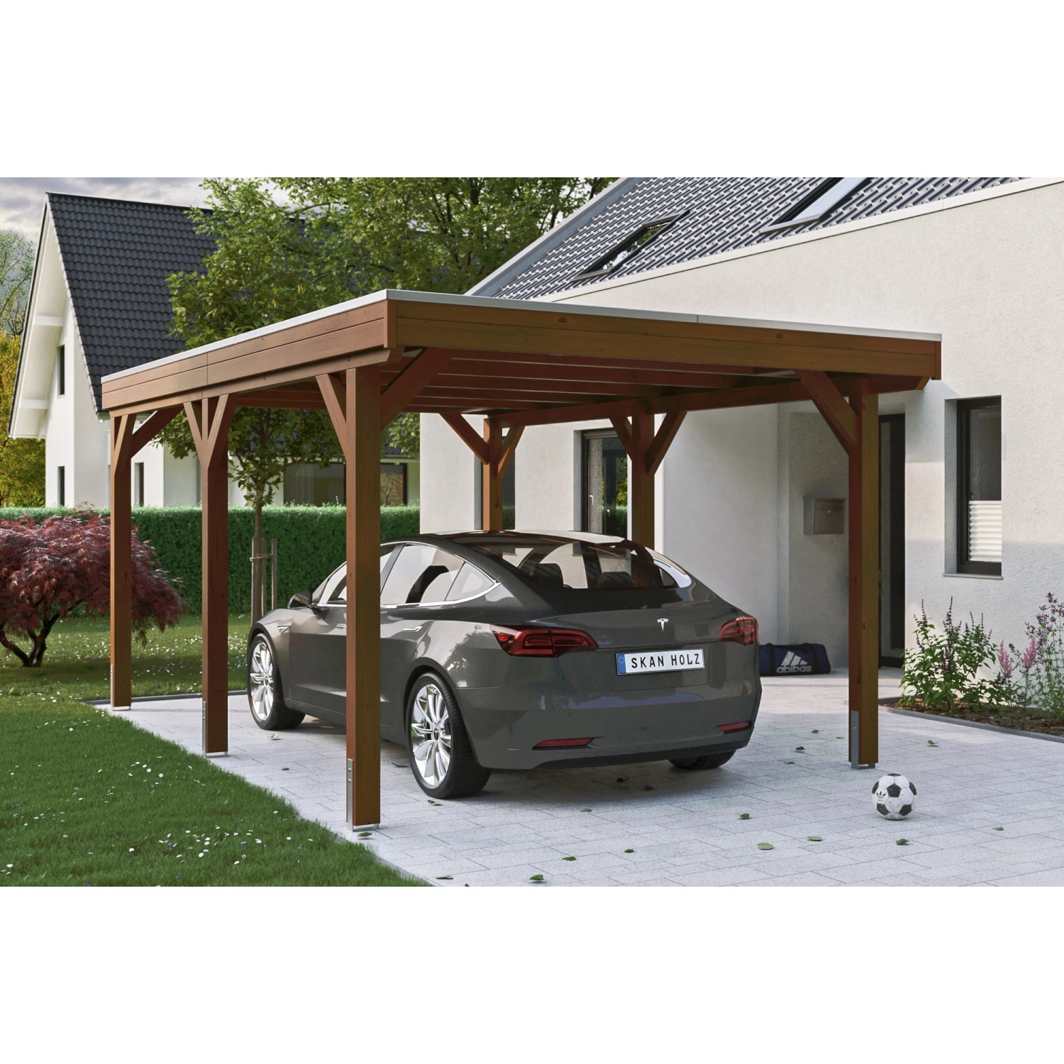 Skan Holz Carport Grunewald 321 cm x 554 cm mit EPDM-Dach Nussbaum