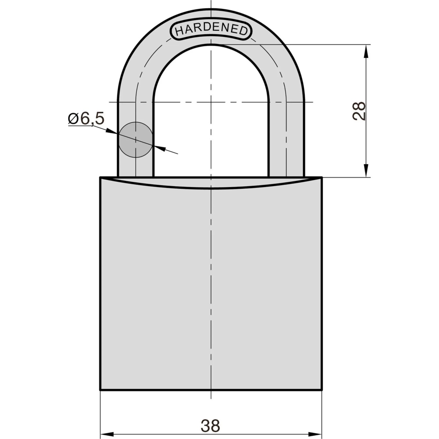 Technische Zeichnung: Vorhangschloss Set, 6-teilig, verschiedene Farben, Aluminiumgehäuse, Maße.