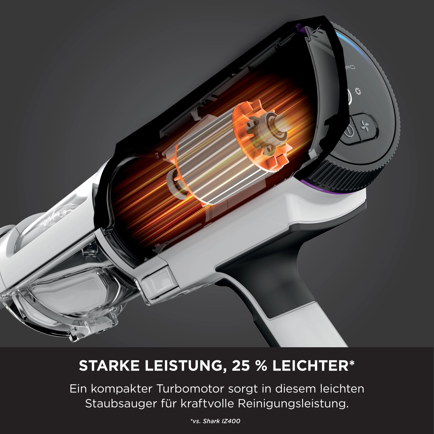 Detailaufnahme Shark Akkusauger Detect Pro: Blick ins Innere mit Turbomotor für starke Leistung.