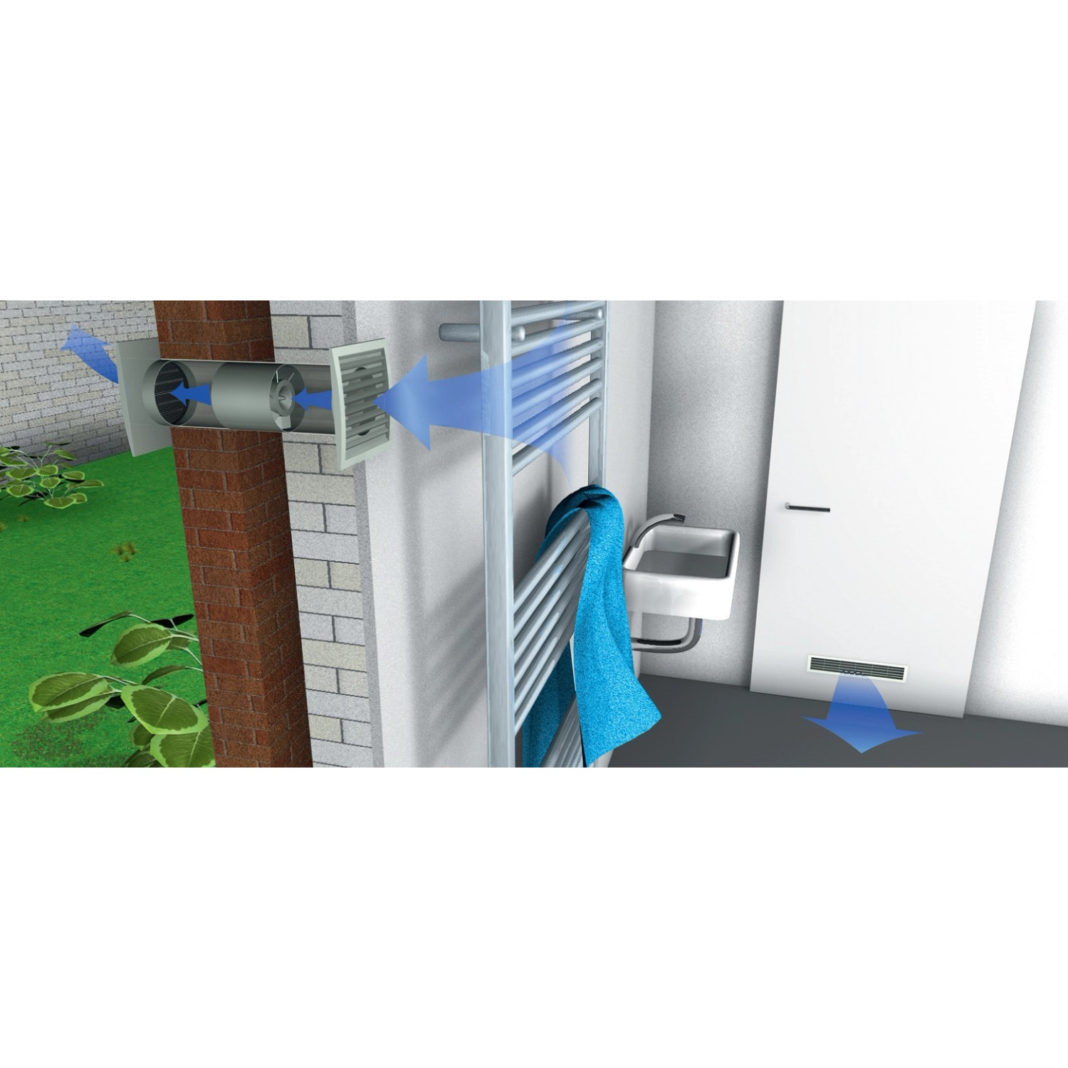 Illustration: Weißes Alu Lüftungsgitter (480x80mm) zur Luftzirkulation im Raum.