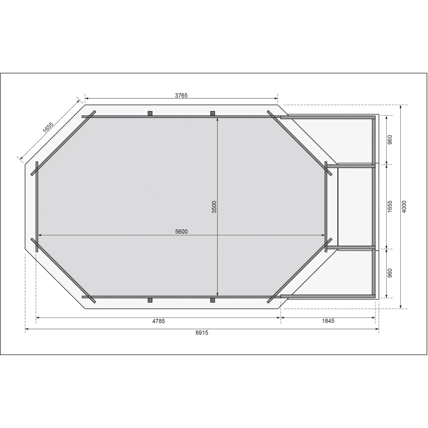 Draufsicht Karibu Pool 4 Set KDI mit Sonnenterrasse B und Eckterrassen, Maße und Details.