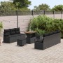 Schwarzes 10-teiliges vidaXL Garten-Sofa-Set aus Poly Rattan mit Tisch und Kissen.