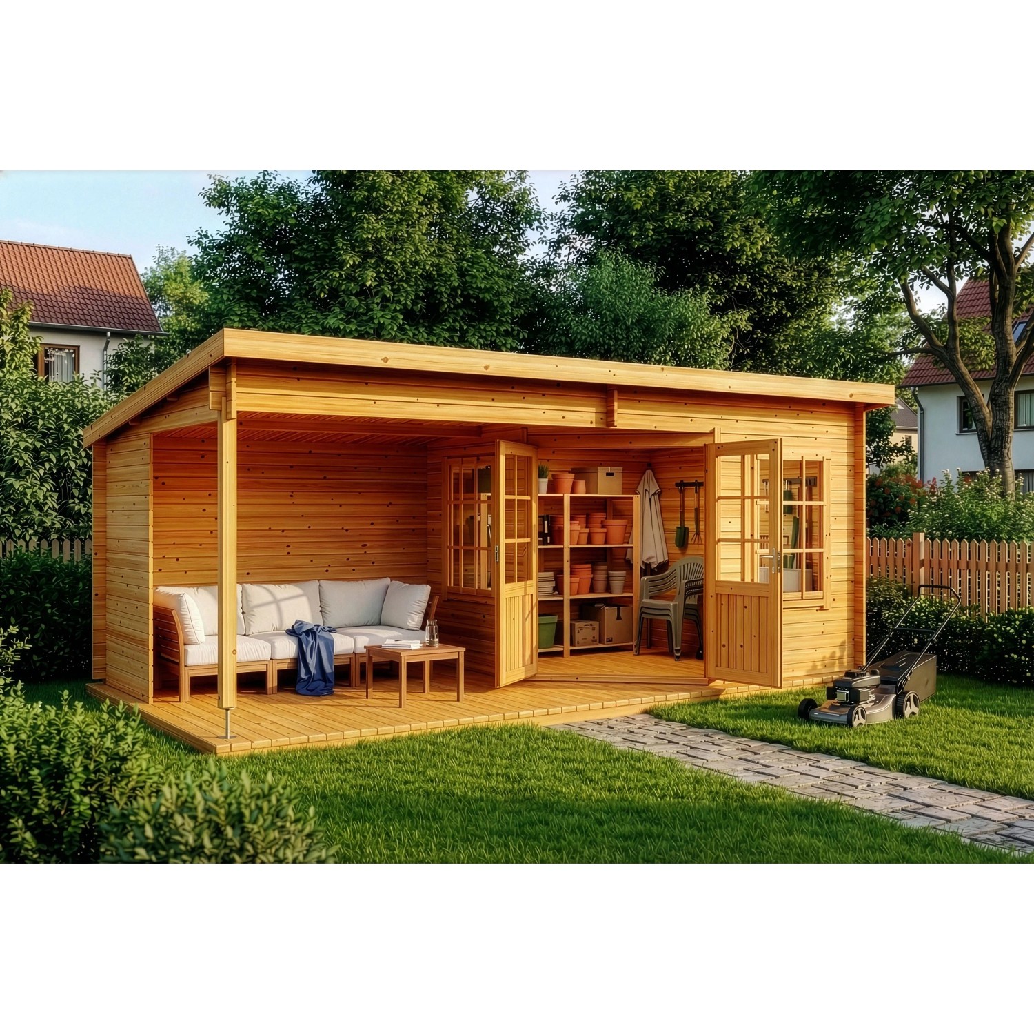 Carlsson Gartenhaus Carl-28 mit Pultdach, imprägniert, 578x274 cm, mit Terrasse, Sitzbereich und Regalen.