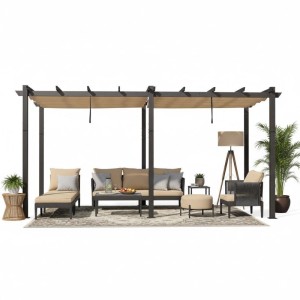 Dunkelgraue Aluminium Pergola mit beigem Schiebedach und Outdoor-Möbeln. Ideal als Sonnenschutz für Terrasse & Garten.