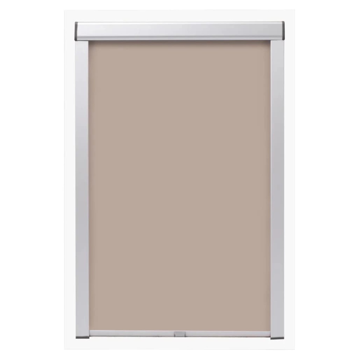 Beige Verdunkelungsrollo CK04 für Velux Fenster, mit silberfarbenem Rahmen.