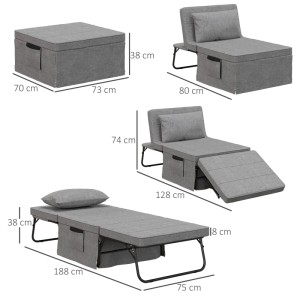 Graues HOMCOM 4-in-1 Klappbett mit 8 cm Matratze, als Gästebett, Sofa, Hocker und Sessel nutzbar. 188x75x38 cm.
