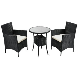 Schwarzes Polyrattan Gartenmöbel Set Bayamo mit Tisch und 2 Stühlen mit beigen Auflagen.