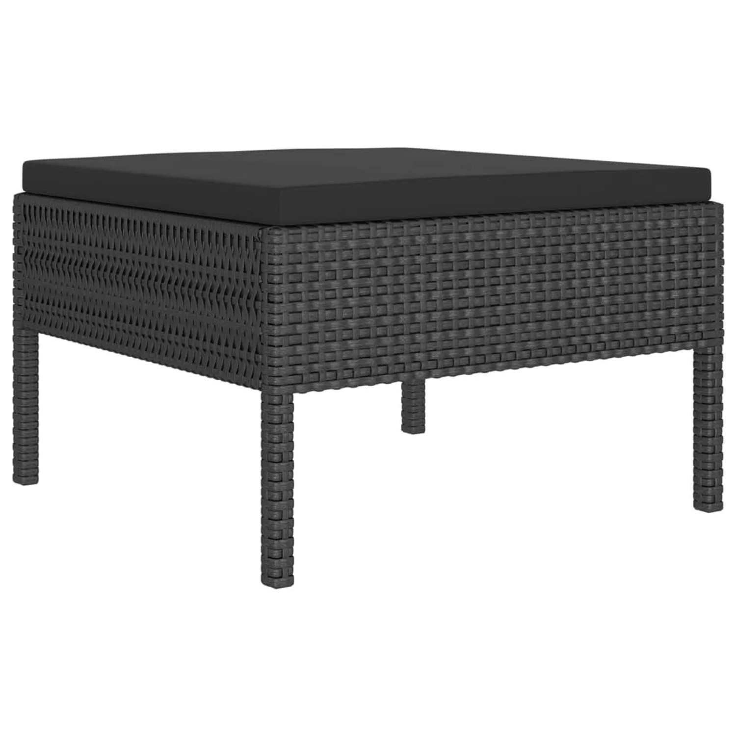 Schwarzer vidaXL Gartenmöbel-Hocker aus Rattan mit schwarzem Kissen, Teil eines Lounge-Sets.