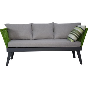 Grau-anthrazitfarbenes Gartensofa Cuba mit grüner Seilwicklung und grauen Kissen.