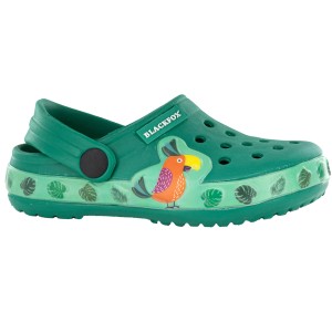 Grüne Blackfox Kinderclogs Marakas Gr. 20/21 mit Papagei-Motiv für Garten und Freizeit.