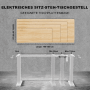 Höhenverstellbares Schreibtischgestell, weiß, mit elektrischem Motor und Maßangaben für Tischplatten.