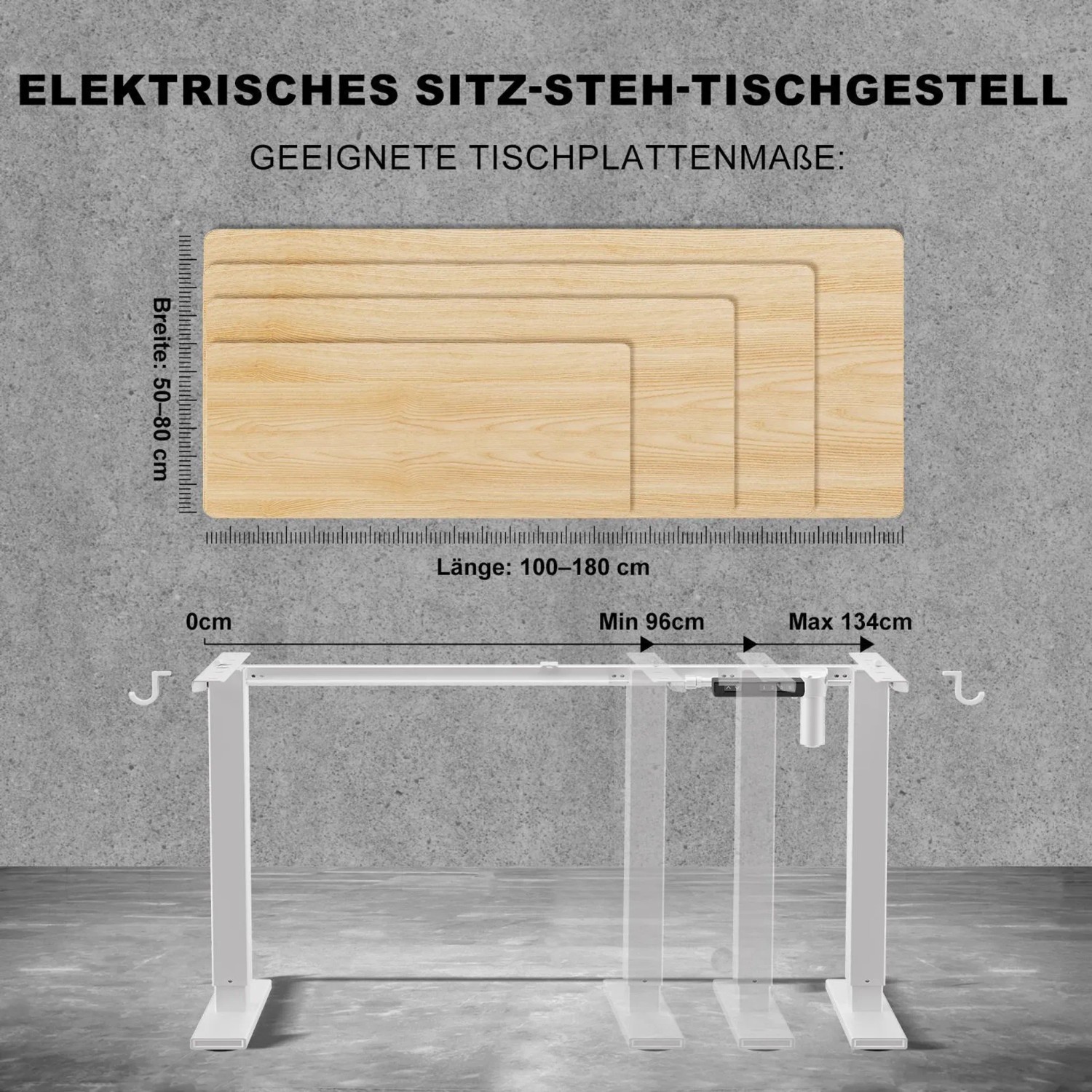 Höhenverstellbares Schreibtischgestell, weiß, mit elektrischem Motor und Maßangaben für Tischplatten.
