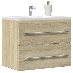 Moderner Waschbeckenunterschrank Sonoma-Eiche aus Holzwerkstoff mit 2 Schubladen, wandmontiert.