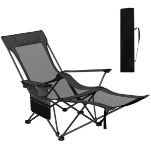 Grauer Costway Campingstuhl mit abnehmbarer Fußablage, verstellbarer Rückenlehne, Seitentasche und Getränkehalter. Inkl. Tragetasche.