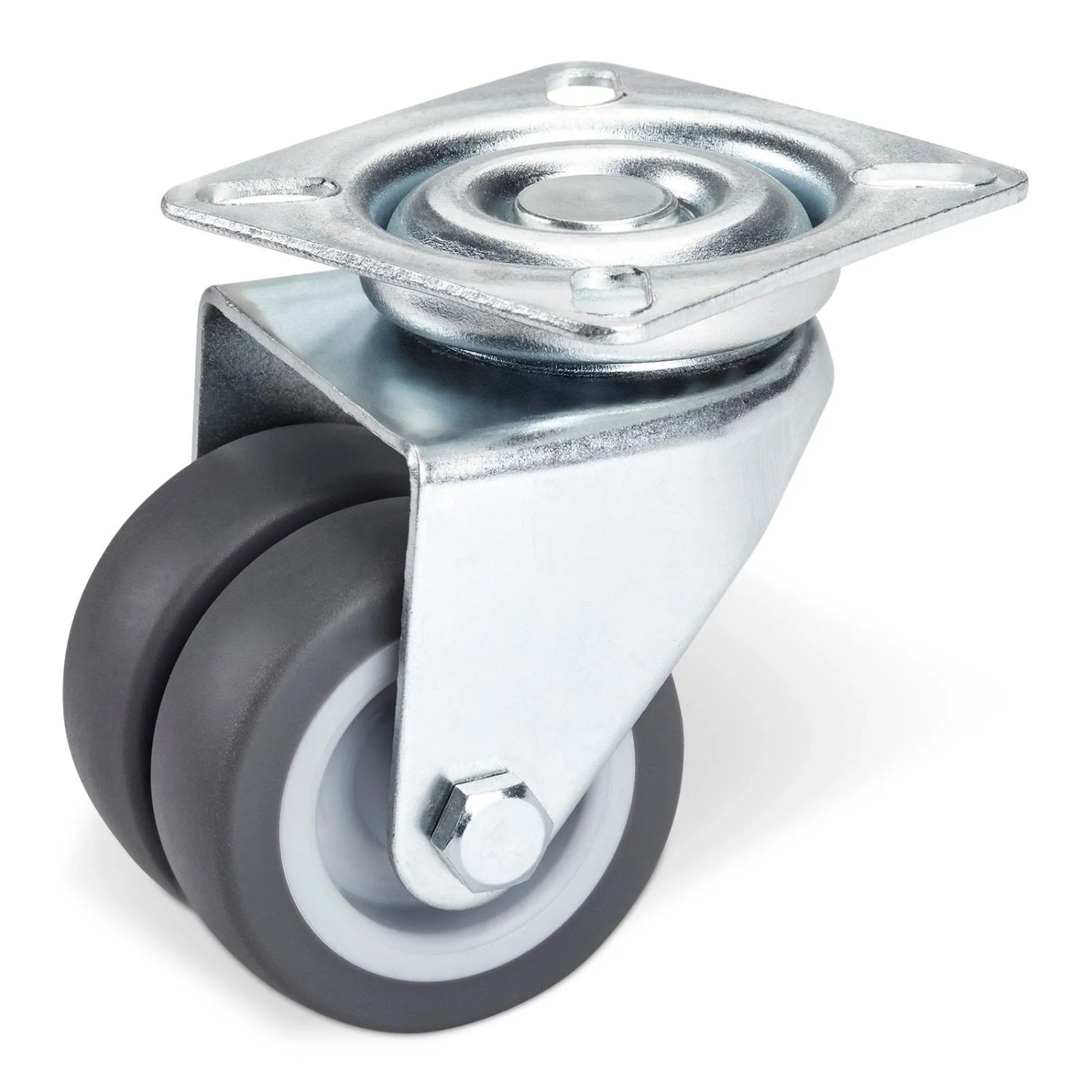 SOTECH Doppel Lenkrolle Ø50 mm, verzinkt, mit grauen Zwillingsrädern. Robuste Möbelrolle für diverse Anwendungen.
