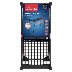 Zusammengeklappter, schwarzer Vileda Wäschetrockner Infinity Flex Ultimate. Wäscheständer mit Teleskop-Funktion.