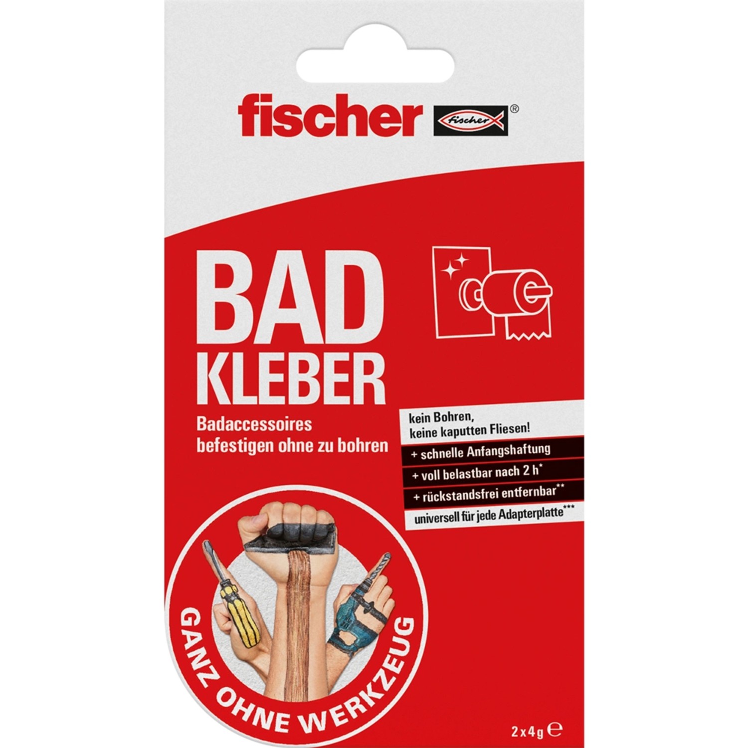 Fischer Bad Kleber 2x4g für Badaccessoires: Kleben statt Bohren. Ideal für Fliesen, rückstandsfrei entfernbar.