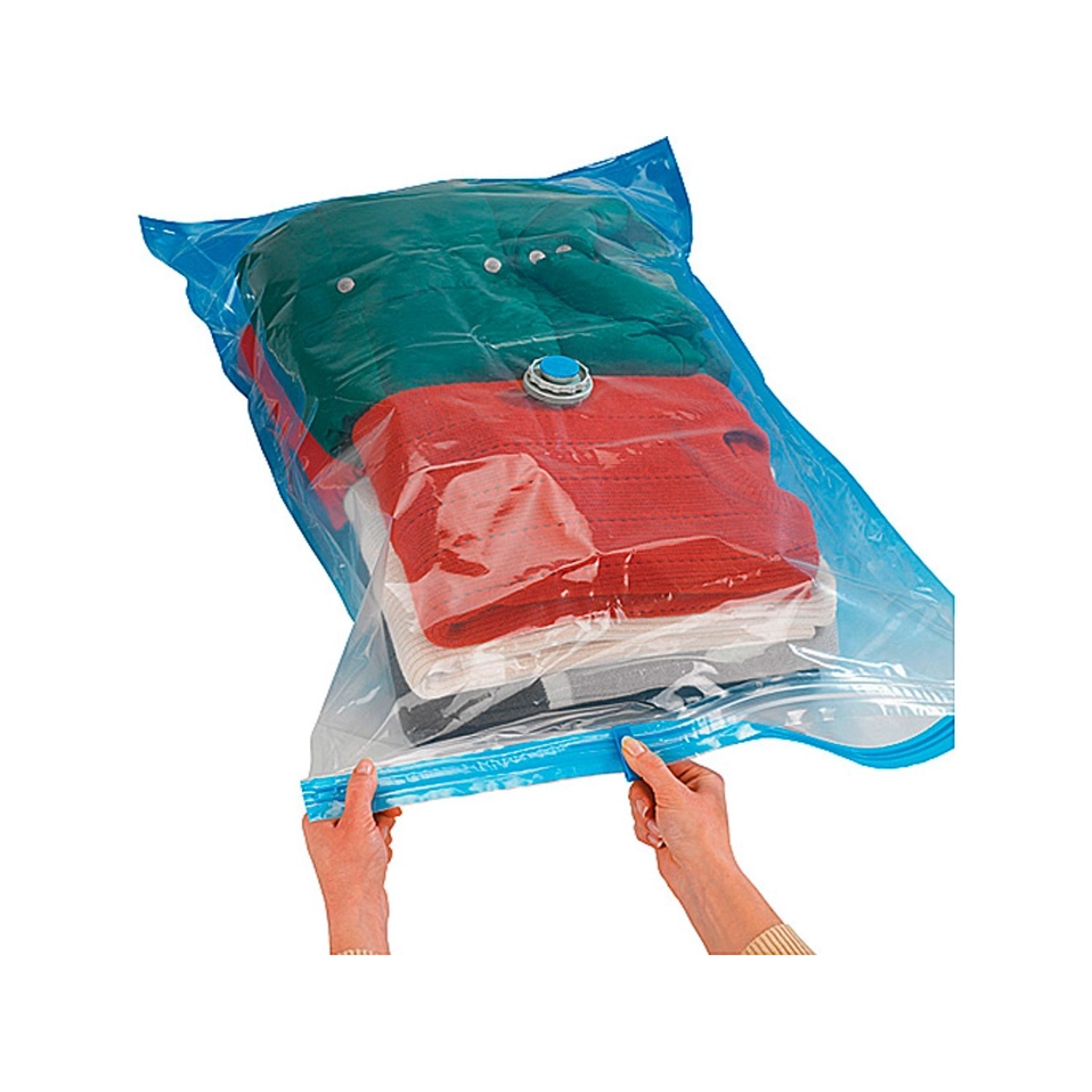 Wenko Vakuum Aufbewahrungssystem 2er-Set, transparente Kunststoff-Säcke mit Kleidung, platzsparend.